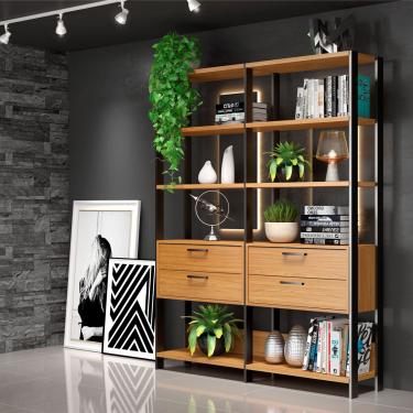 Imagem de Conjunto 2 Estantes com Gaveteiro 73x185cm Freijó Preto Fosco Pradel