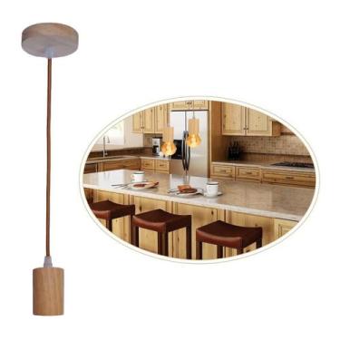 Imagem de 5 Pendentes 1M Em Madeira Cilindro Fio Ajustável Em Tecido - CBC