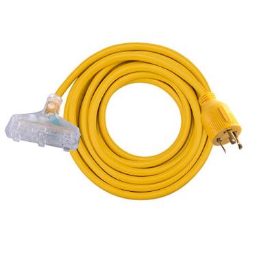 Imagem de MaxWorks 80843 Cabo de extensão de gerador de calibre 10 iluminado preto/amarelo com plugue L5-30P e 3 tomadas de 15 amp
