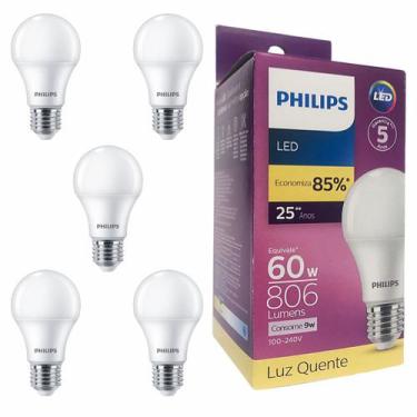 Imagem de Kit 5 Lâmpadas Led Philips Bulbo 9w Equivale 60w E27 Bivolt, Branco Qu