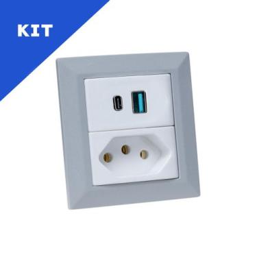 Imagem de Kit Espelho Duplo Chanfrado 1 Tomada 20A 2 USB 9.0A Cinza - CONNECT CA