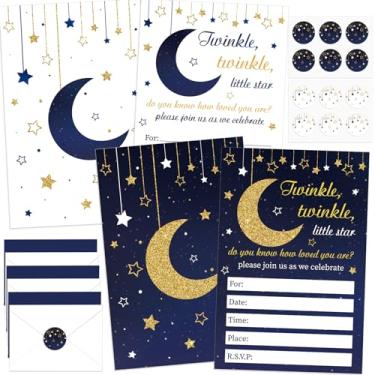 Imagem de Qyeahkj 36 peças Twinkle Little Star, cartões de convite para chá de bebê com envelopes, lua e estrela, decorações de chá de bebê, folha de ouro azul, convites de festa para chá de bebê, revelação de
