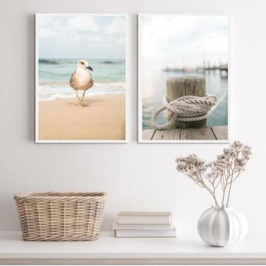 Imagem de Kit 2 Quadros Praia Branco E Bege- Gaivota Cais 33X24Cm - Quadros On-L