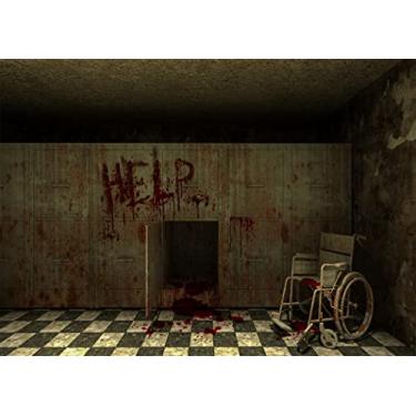 Imagem de BELECO 2,1 x 1,5 m Tecido Halloween Hospital Pano de fundo assustador Mortuário Insano Asilo Sangrento Assassinato Crime Halloween Hospital Festa Decoração Zumbi Pano de Fundo de Aniversário de Terror