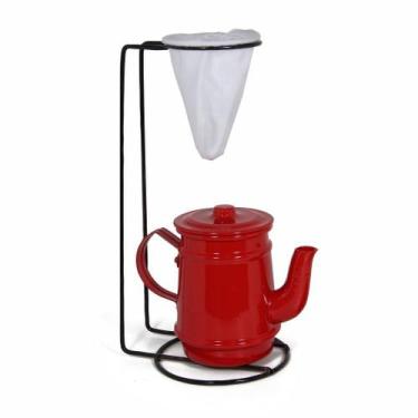 Imagem de Jogo De Café Mini Bule 400ml Alumínio + Suporte Com Coador - Vermelho 