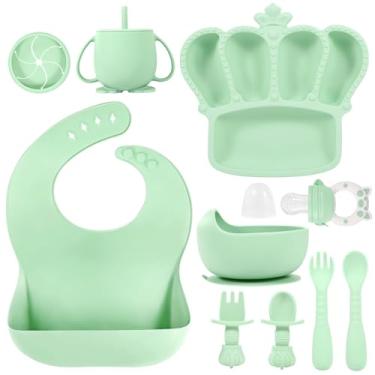 Imagem de BXLL Conjunto de Alimentação de Silicone para Bebês, 10 Peças, Suprimentos de Desmame com Led para Bebês, Tigela de Sucção, Prato Dividido, Babadores para Bebês, Alimentador de Fru (, Verde)