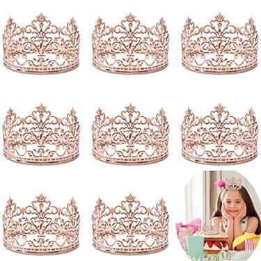 Imagem de Pacote com 8 topos de bolo de coroa - ouro rosa delicado tema princesa real príncipe mini tiara decoração de bolo para chá de bebê e festa de aniversário