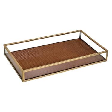 Imagem de Bandeja Decoração Sala Quarto Lavabo Metal+Vidro+Corano 24cm (Terracota)