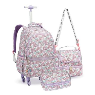Imagem de Kit Escolar Infantil com Mochila de Rodas, Lancheira Térmica e Estojo, 3 Peças, para Meninas, Material Resistente, Estampa Colorida (Kit Mix Unicórnio)