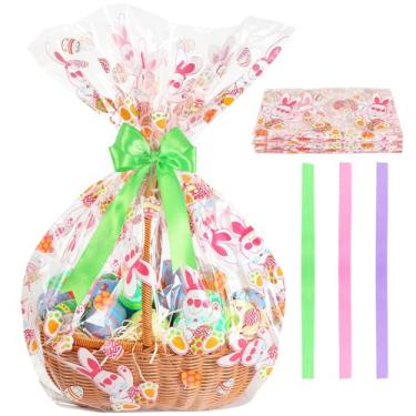 Imagem de HRX Package Pacote com 10 sacos de cesta de Páscoa 75 x 60 cm, embalagem grande de celofane transparente para presentes, desenhos de coelho e ovo