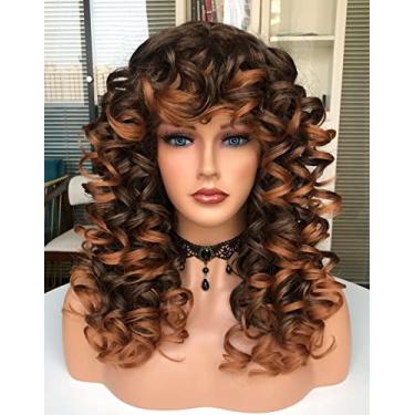 Imagem de Annivia Peruca Cacheada Com Franja Para Mulheres Negras Ombre Brown Kinky Long Curly Wig Cabelo Sintético Uso Diário Cosplay 17 Polegadas