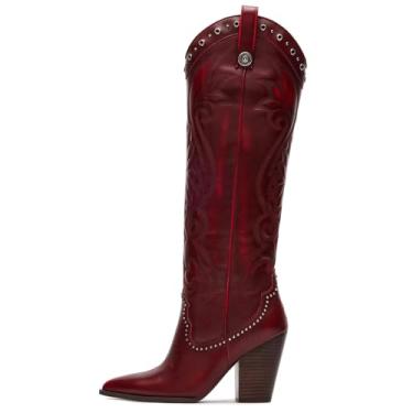 Imagem de VOMIRA Botas De Cowboy De Cano Alto Para Mulheres, Botas Cor De Vinho, Bico Fino, Salto Alto Grosso, Botas Ocidentais Bordadas, Botas De Cowgirl De Panturrilha Larga, Botas De Cowboy Vermelhas Para