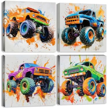 Imagem de Arte de parede colorida Hot Wheels Monster Truck arte de berçário aquarela carro decoração de parede para quarto de crianças caminhões imagens meninos quarto veículo impressões pôsteres banheiro gamer