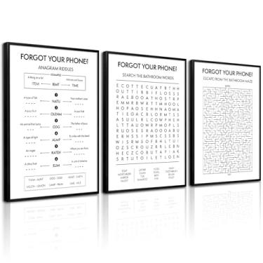 Imagem de Arte de parede de banheiro engraçada pesquisa de palavras decoração de banheiro palavras cruzadas decoração de parede preto branco quebra-cabeça imagem engraçada esqueça seu telefone arte cartaz