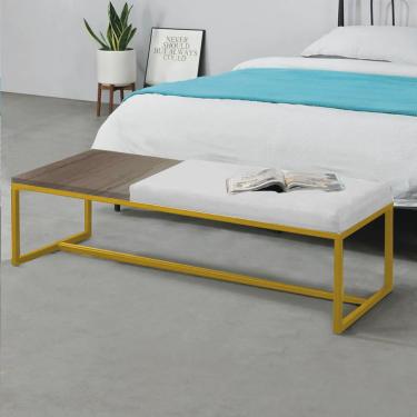 Imagem de Calçadeira Recamier Londres 140cm Industrial Dourado Corino Branco Tampo Quadrado mdf R...