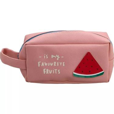 Imagem de School Basics Estojo Grande com Alça Rosa Claro Estampa Melancia Zíper Azul Escolar