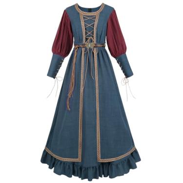 Imagem de FCCAM Vestido medieval feminino azul manga comprida camponesa renascentista fantasia com cinto vintage, Azul, GG