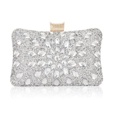 Imagem de Milisente Bolsas clutch para mulheres, bolsas de cristal para noite com pedras preciosas para festa de casamento (prata floral), Prata - 725