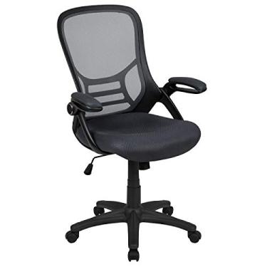 Imagem de Flash Furniture Cadeira de escritório giratória ergonômica com encosto alto Porter com suporte lombar, braços flip-up, trava inclinada/tensão inclinada, altura ajustável, cinza escuro/moldura BK