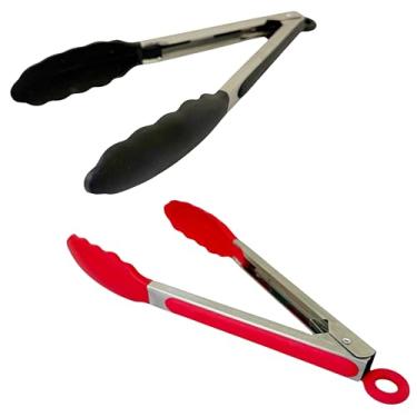 Imagem de Kit 2 Pegador Pinça Cozinha Ponta Silicone Não Risca Antiaderente Com Trava(Preto e Vermelho)