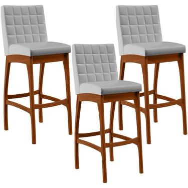 Imagem de Kit 03 Banquetas Altas Mila L02 Estofado Madeira Eucalipto Plástico Cinza metalizado Nozes Lyam Decor