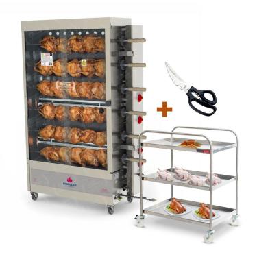 Imagem de Assador De Frango Gás 6 Espetos Tubular Pr-634 Progás + Tesoura Tramontina + Carrinho Inox Bivolt