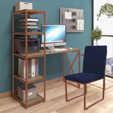 Imagem de Kit Escritório Mesa 5 Prateleiras E Cadeira Bronze Tampo Rústico Sintético Azul Marinho - Amey Decor