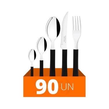 Imagem de Faqueiro Leme 90 Peças Lâminas Em Aço Inox Cabo Preto Pbag - Tramontina