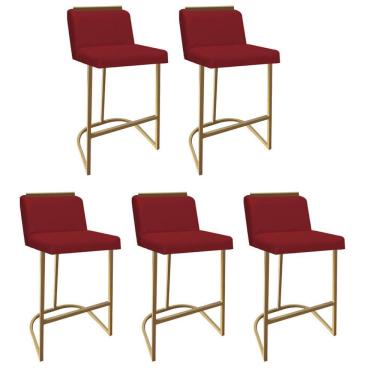 Imagem de Kit 05 Banquetas Com Encosto Confort Bistrô Cozinha Ferro Dourado Corino Vermelho Amey Decor