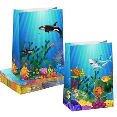 Imagem de Pacote com 24 sacos de papel para festa no fundo do mar, sacos de lembrancinhas de doces com estampa de animais do oceano, sacos de pipoca, sacos de embrulho de presente para pesca, praia, piscina
