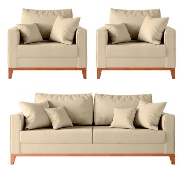 Imagem de Kit Sofá 2 Lugares E 2 Poltronas Beny Com Base De Madeira Linho Areia