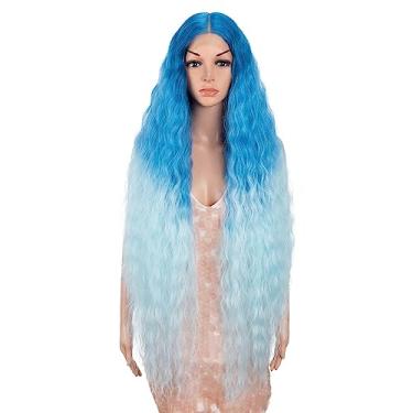 Imagem de Style Icon Ícone De Estilo 41" Ombré Blue Lace Front Wigs Longo Ondulado Sintético Com Cabelo Bebê Meio Preso À Mão Densidade 130% (41", Azul Gt/Azul 5)