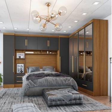 Imagem de Quarto De Casal Completo 5 Peças 6 Portas 4 Gavetas Com Maleiro E Espelhos Smart Plus Cinamomo-chumbo