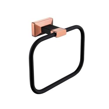Imagem de Conjunto de banheiro preto e dourado rosa - Suporte para escova de vaso sanitário de cerâmica com suporte de papel de metal, ganchos para roupão e anel para toalha