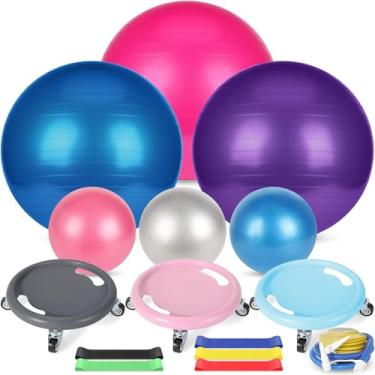 Imagem de Soulchen 14 peças de equipamento de ioga e pilates para mulheres, inclui roda abdominal de 66 cm, bola de pilatos com faixas de resistência a exercícios de bomba de 24 cm, bolas de fitness para casa