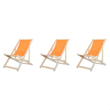 Imagem de Kit 3 Espreguiçadeiras Preguiçosa Dobrável sem Braço Natural em Madeira Maciça Tecido