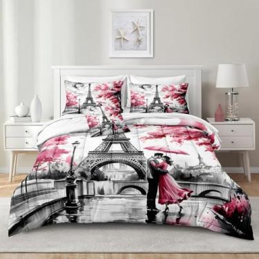 Imagem de MOVE OVER Conjunto de edredom king da Torre Eiffel, Paris, para meninas e mulheres, 8 peças, estilo francês, romântico, conjunto de edredom com estampa de flor rosa e casal