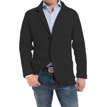 Imagem de Cardigan Masculino Suéter Gola Xale Blazer Jaqueta Slim Fit Casaco Esportivo Vintage Inteligente Blazer Casual Botão Para Baixo Jaquetas De Suéter De Malha Com Bolsos, Black, 3XL