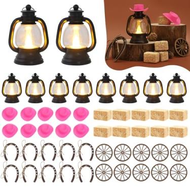 Imagem de PLUVAVA 50 Peças De Decoração Centro Mesa Para Festa Com Tema Fardo Feno, Chapéu Cowboy Mini Fardos Lanterna Preta, Ferradura, Roda Carroça Aniversário Cowgirl, Casamento (50 Peças, Rosa)