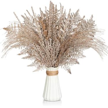 Imagem de Motionchic 50 palhetas e sprays de árvore de Natal, galhos de pinheiro com glitter, hastes de ramo com glitter para decoração de guirlanda de vaso de Natal (ouro champanhe)