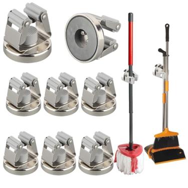 Imagem de MUTUACTOR Suporte de vassoura, 8 peças de vassoura magnética forte e clipe de esfregão ganchos utilitários universais para armazenamento de ferramentas de limpeza, suportes magnéticos ajustáveis