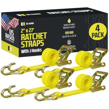 Imagem de Cintas de catraca DC Cargo Tie-Down J-Hooks, (pacote com 4) Resistentes 5.1 cm x 27' Tie-Down Catraca Cargo Truck Straps Wire Hook Tie-Downs, J-Hook Ratchet Strap Tie-Downs