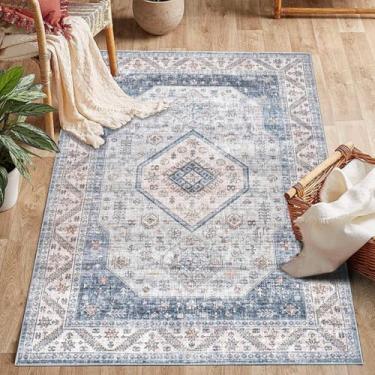 Imagem de ESSMOKO Tapete para sala de estar, estilo nórdico, retrô, étnico, quarto, tapete de lã artificial, lavável na máquina, fácil de cuidar, 180 x 275 cm, azul claro
