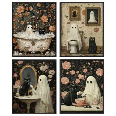 Imagem de Decoração de fantasma de Halloween, arte de parede vintage de fantasmas de terror e gato preto no banheiro, pôsteres de fantasmas fofos, imagens retrô assustadoras de fantasmas para decoração de casa