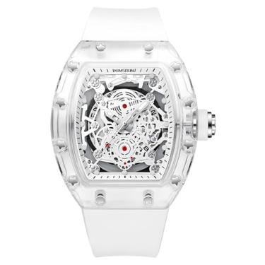 Imagem de Relógio de pulso analógico de quartzo com esqueleto vazado exclusivo, moderno, luminoso, à prova d'água, esportivo, transparente, pulseira de silicone, Branco, Relógio esqueleto