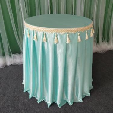 Imagem de Saia de mesa redonda com borlas e toalha de mesa de seda gelada para festa de casamento, chá de bebê, bolo de aniversário, saia de mesa, azul, D70 x A75 cm