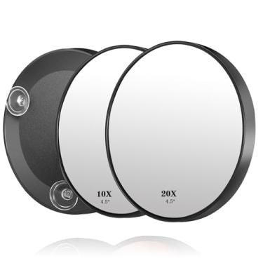 Imagem de JJhxr Conjunto de espelho de aumento de maquiagem 10X e 20X, lupa de maquiagem montada na parede de 11,4 cm com 3 ventosas, espelho de aumento portátil de 10X para viagem, ampliação 10X/20X para