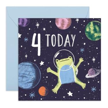 Imagem de CENTRAL 23 Cartão de 4º aniversário para meninos - "Frog Space Birthday 10.2 cm - Presentes para filho, crianças, sobrinho, neto - astronauta e planetas - Vem com adesivos divertidos