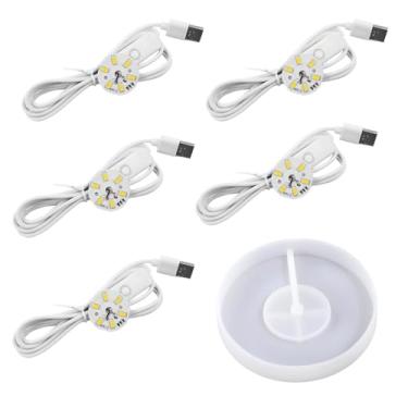 Imagem de Dnejiu Molde de silicone com base de exibição redonda com 5 peças de luzes LED para fundição de resina, alimentado por USB, para lâmpada de resina, faça você mesmo, suporte de lâmpada luminosa de