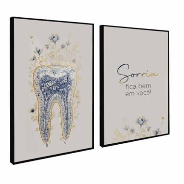Imagem de Kit 2 Quadros Decorativos Odontologia Raiz Flores Sorria Consultorio Moldura (Moldura Branca, 40x60, Com Vidro)